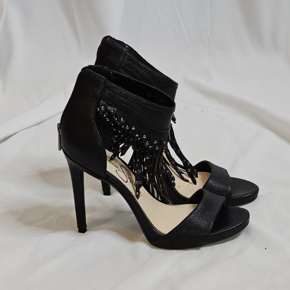 Jessica Simpson Reiko Studded Fringe Platform Heels Sandal Leather Black Sz 8.5 - Picture 1 of 13